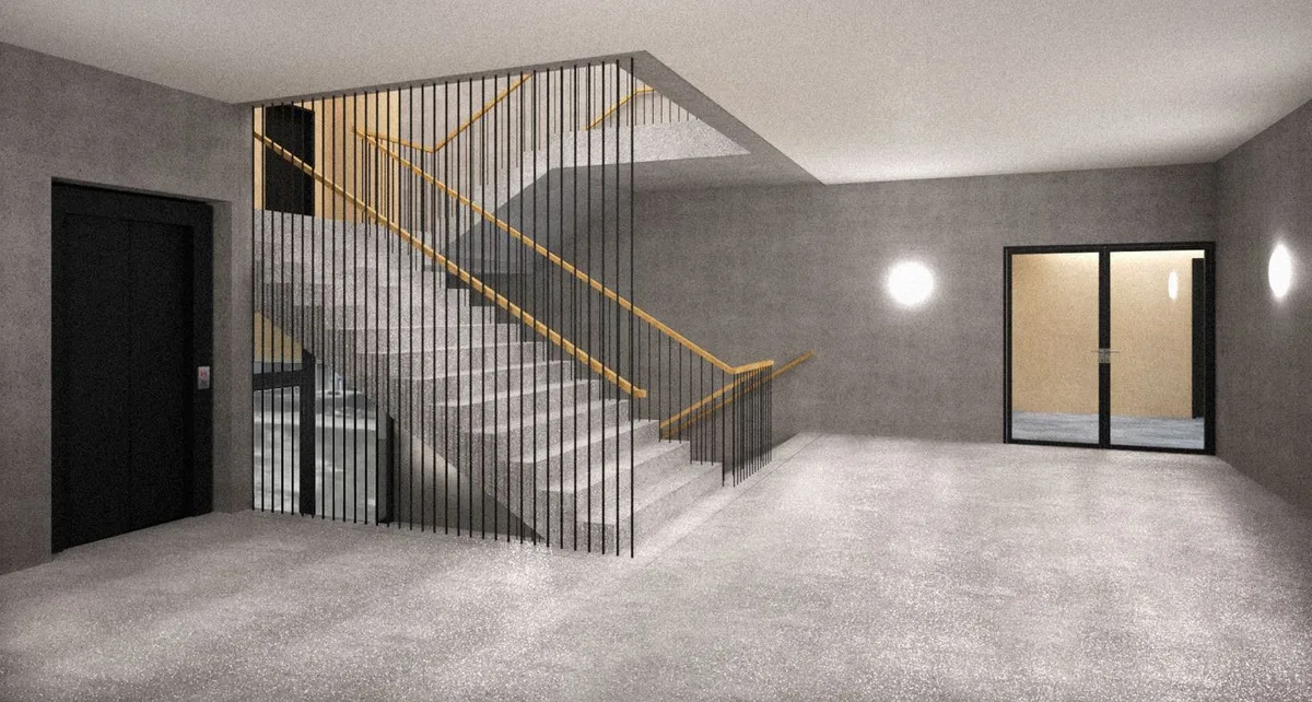 Blick auf ein Treppenhaus.